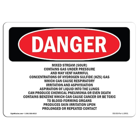 Signmission OSHA Danger Sign, 18" Height, 24" Width, Mixed Stream (Sour) Contains Gas Under Pressure, Landscape OS-DS-D-1824-L-2401